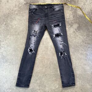 THRT Jeans Mens 38 Black Gray Distressed Whisking Paint Splatter‎ Skinny Slim